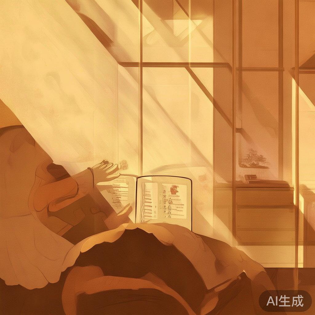 一个人读书时,书中涌出代表思想与故事的光和抽象形状。