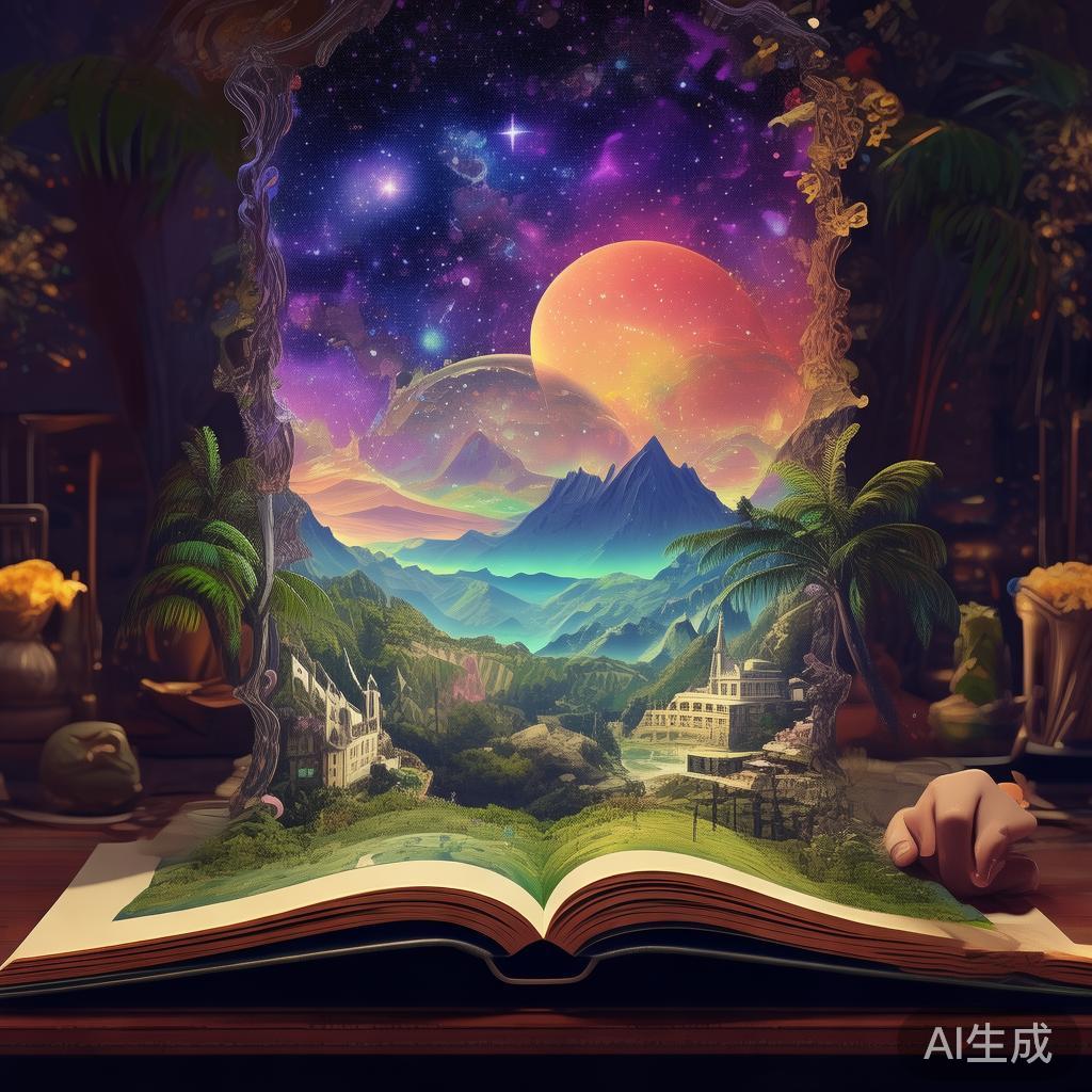 一个人读书,书页中涌出融合山峰星空、雨林、古建筑和量子抽象图案的奇幻门户。