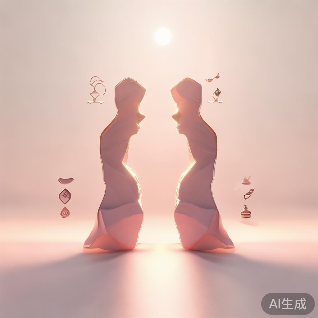 两个抽象人影和谐共振,象征价值观同频。