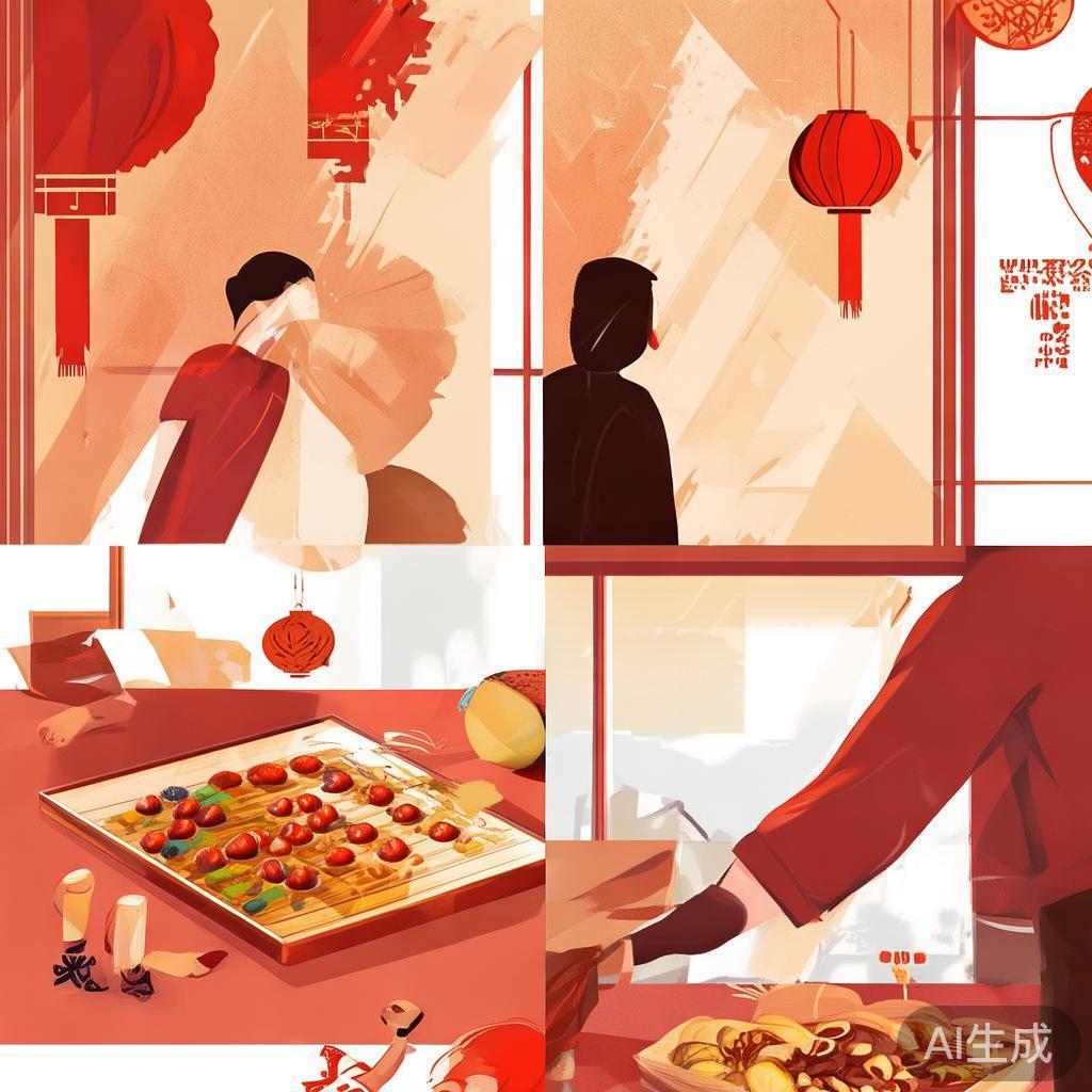 展示家庭进行春节前扫尘和置办年货的温馨场景