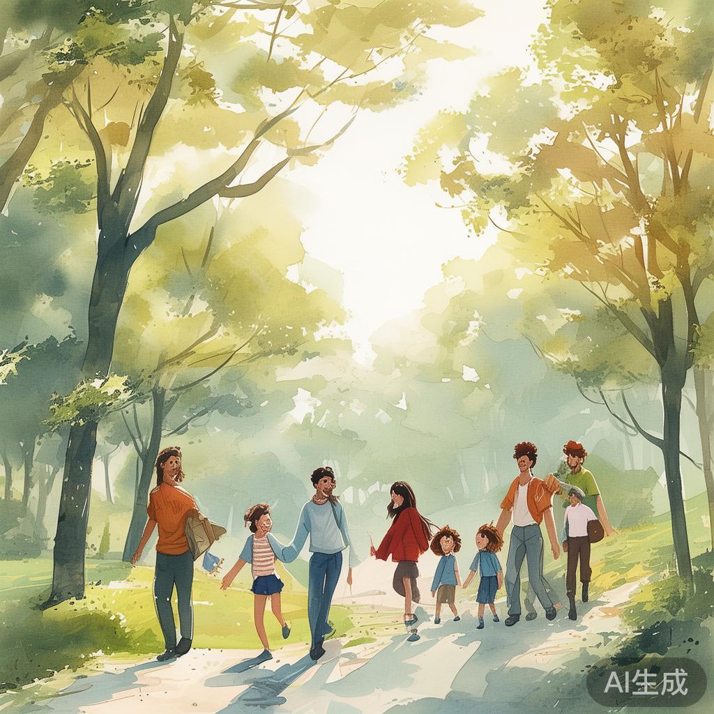 描绘家庭在春节期间进行新传统活动如徒步的温馨互动