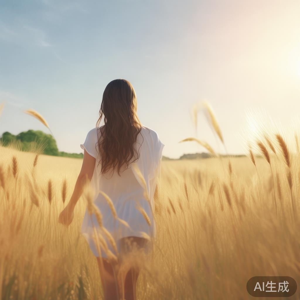 一个人在阳光下的麦田或田野中漫步的背影