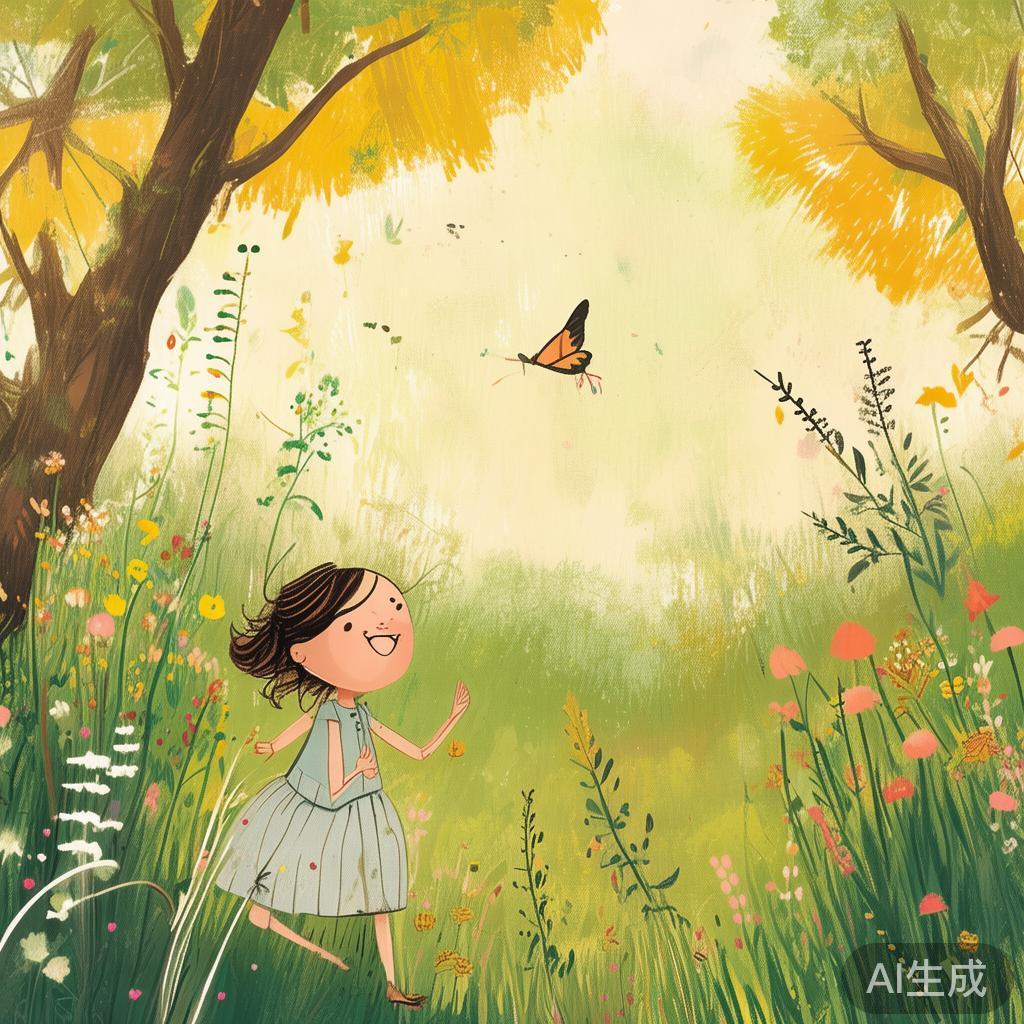 一个孩子在田野中快乐地追逐蝴蝶或捉蚂蚱