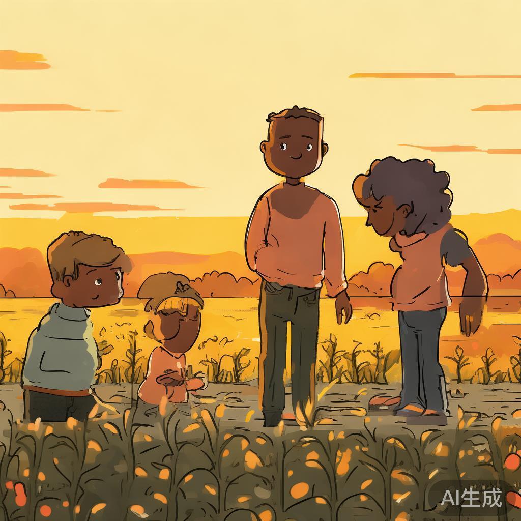 一个家庭在田野中,父母教孩子认识各种作物