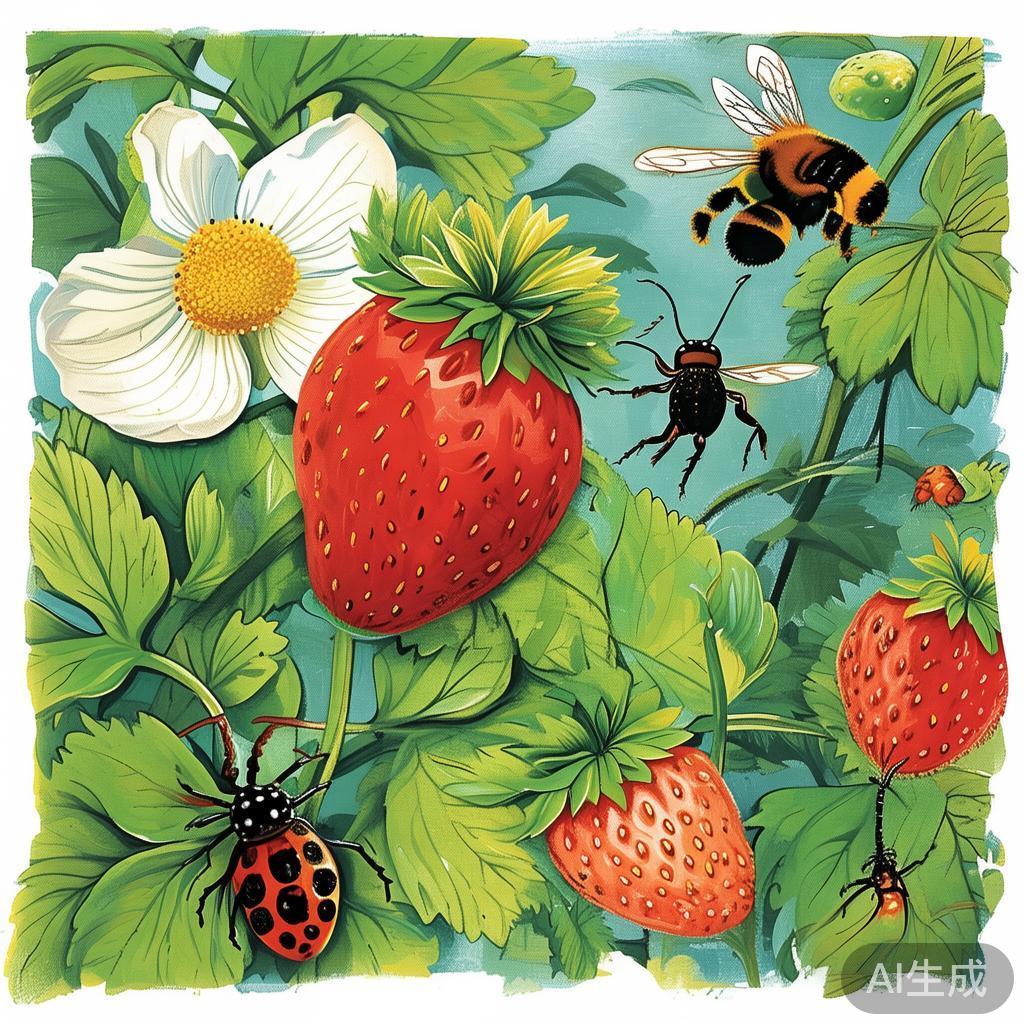 草莓植株上,熊蜂、瓢虫等益虫和谐共处的生态场景。