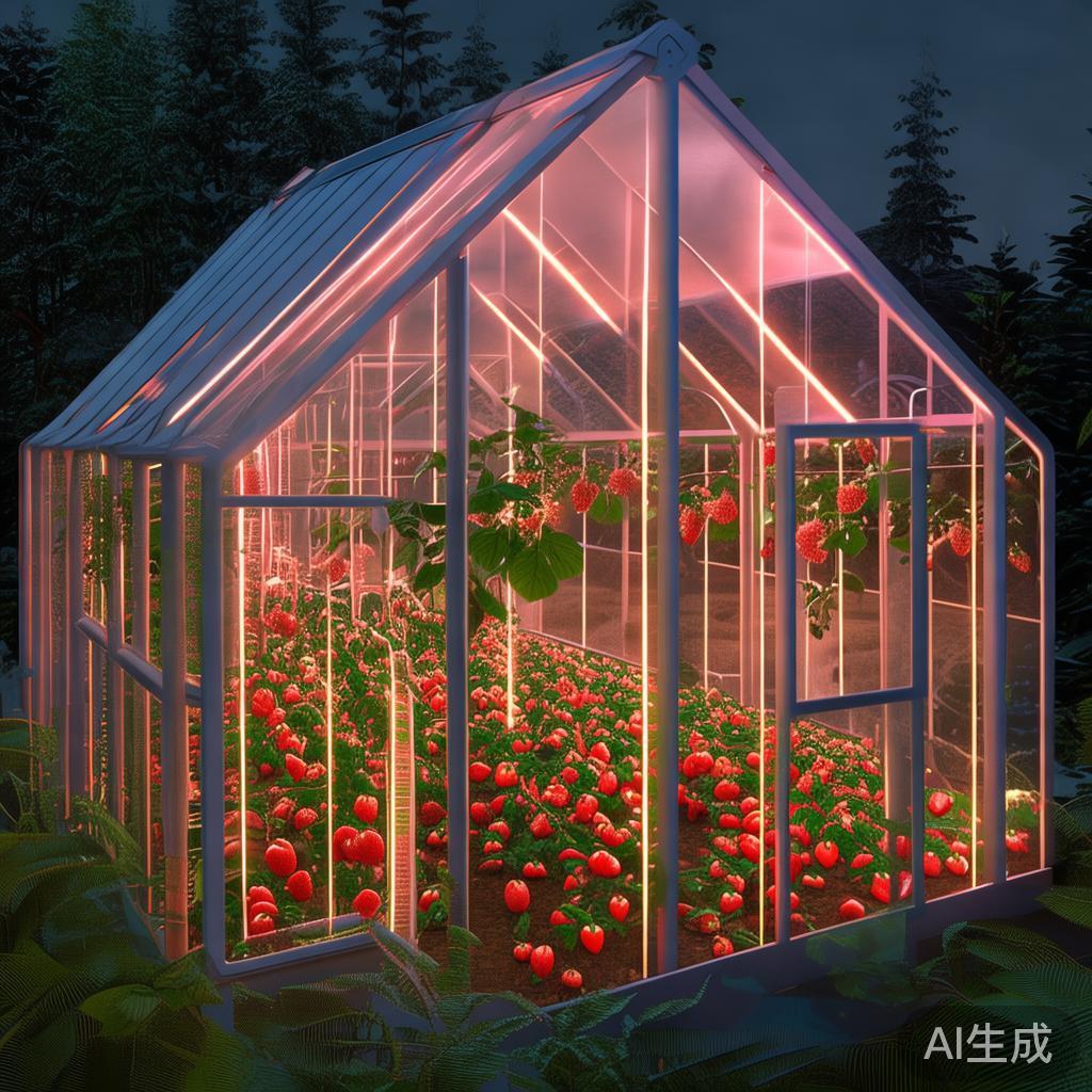 夜间温室中,草莓在补光灯下生长的温馨场景。