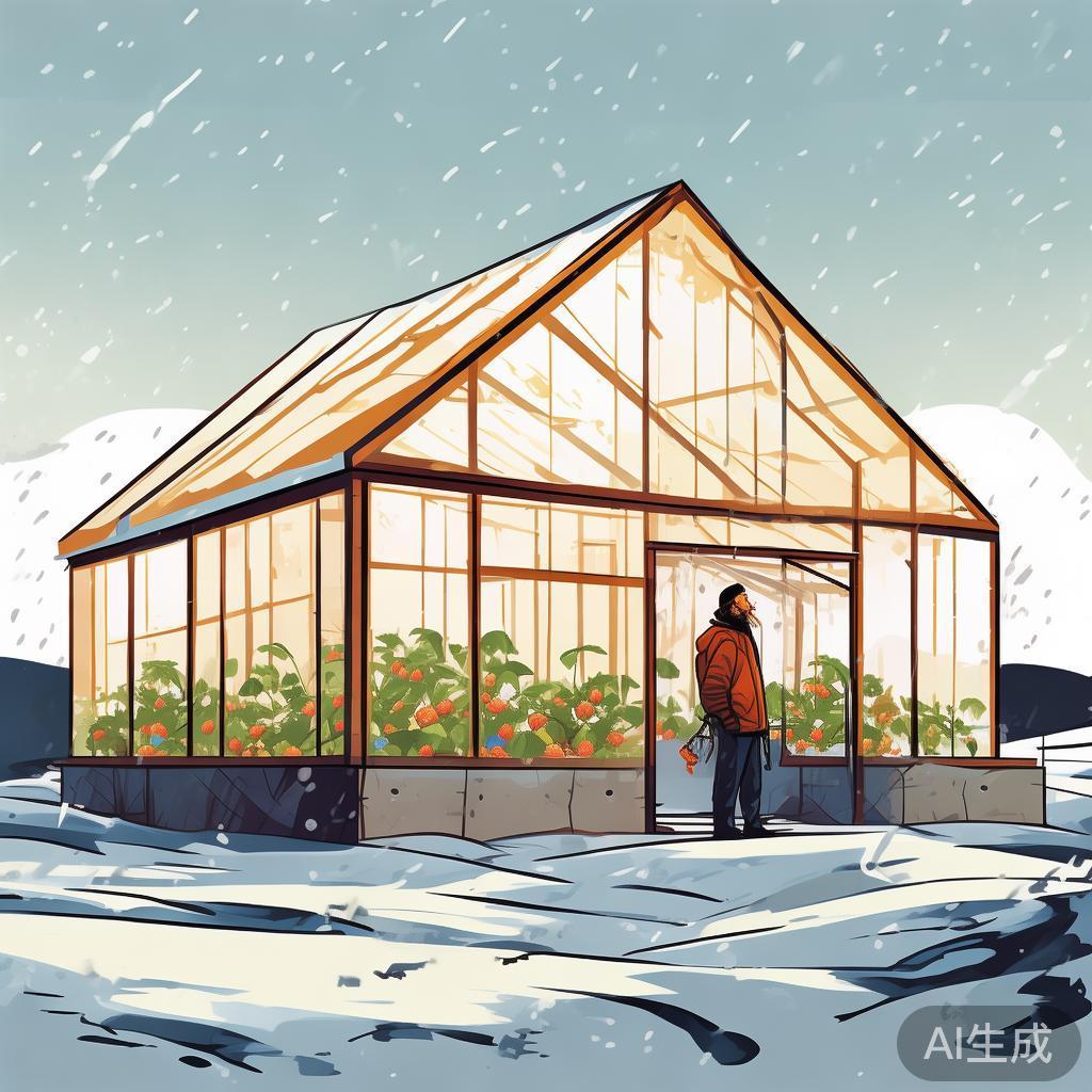 采用水泥柱结构的坚固温室屹立于雪中。