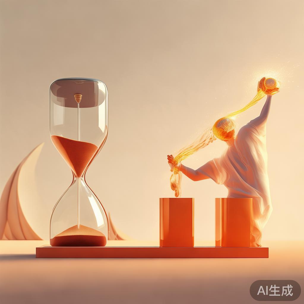 一个人主动将精力能量分配到不同容器,与背景中被动流逝的沙漏形成对比。