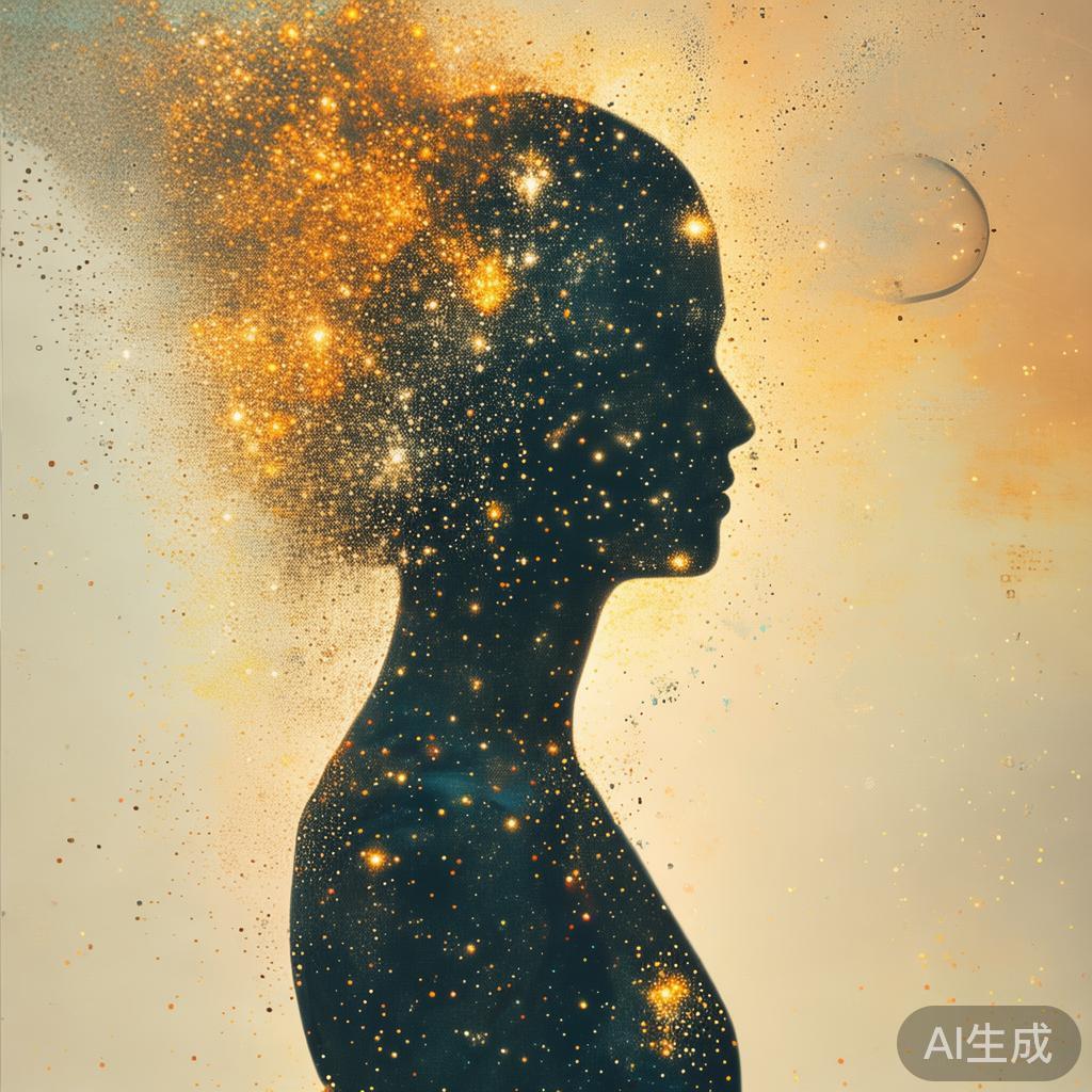 一个抽象的人形轮廓内充满能量星系,周围破碎的时钟象征年龄概念的消解。