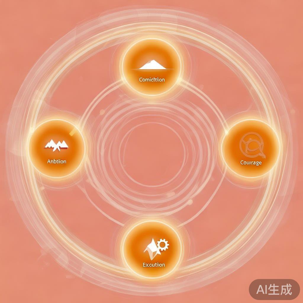 展示认知、野心、勇气、执行力四要素相互连接、循环增强的抽象示意图。