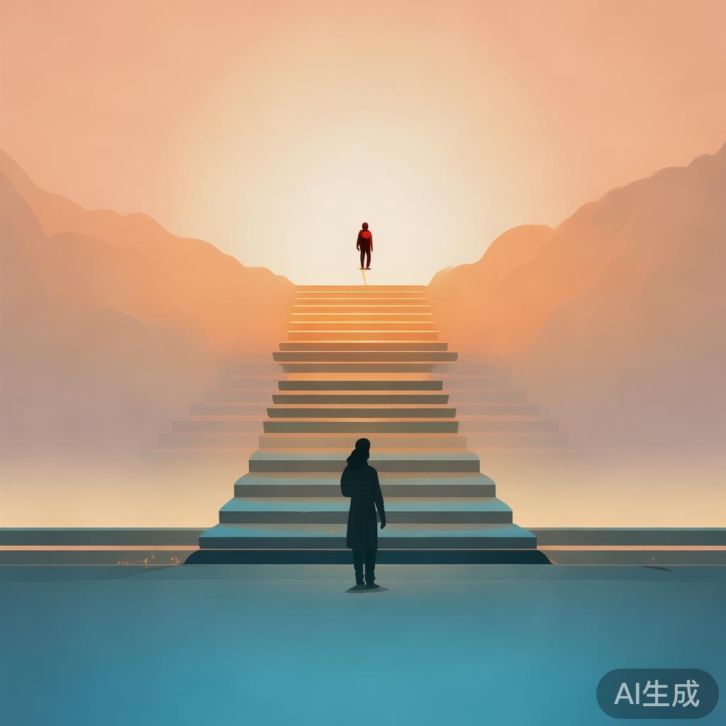 一个人站在通向光芒的漫长阶梯下,象征漫长积累与突然飞跃