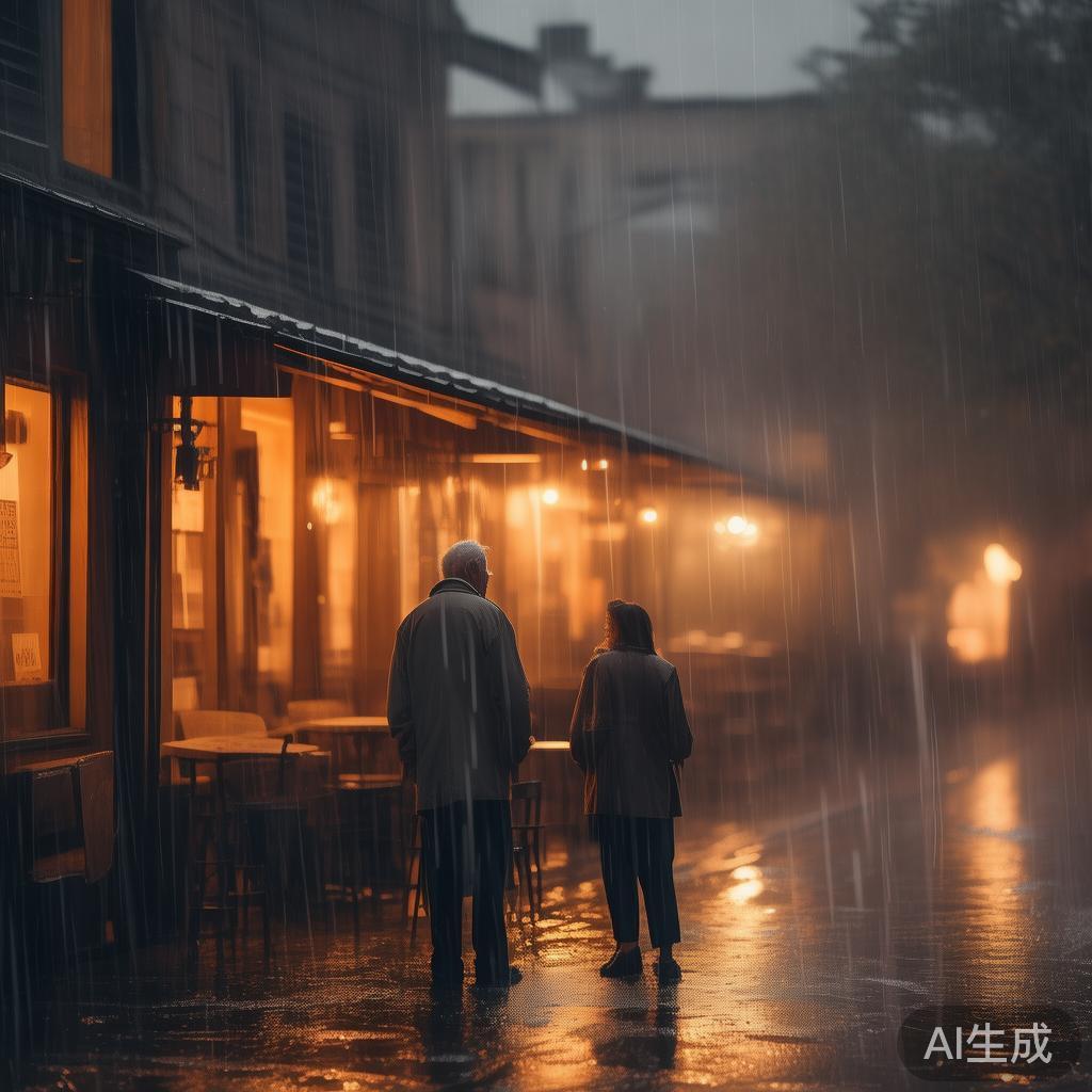 雨夜咖啡馆屋檐下,一老一少避雨交谈的温馨场景