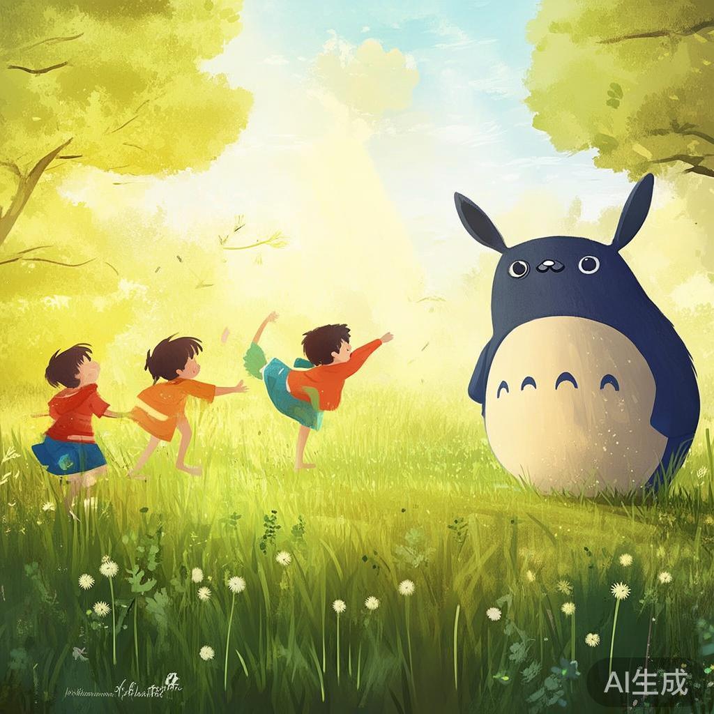 孩子们与龙猫在田野中快乐玩耍