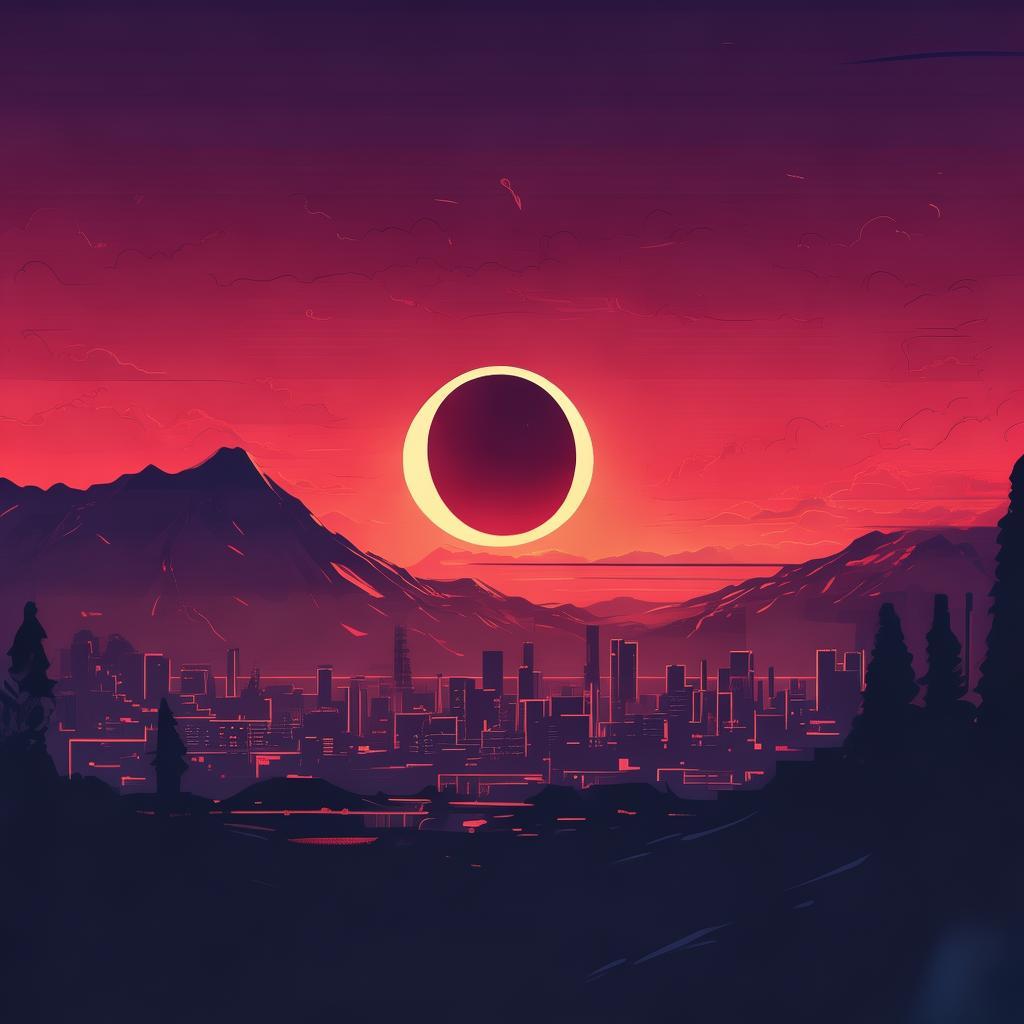 西部城市带食月出的震撼场景插画