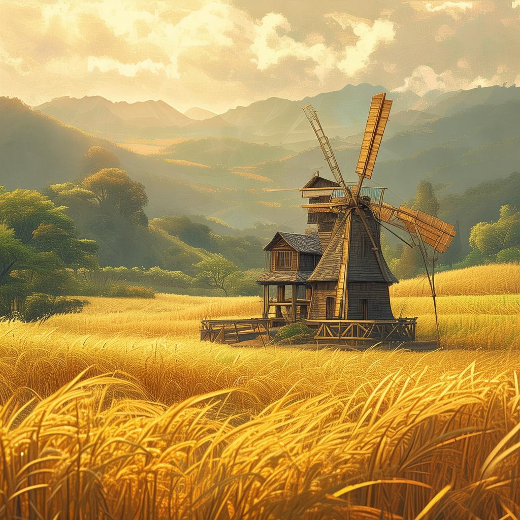 清晨田野中转动老风车的温暖场景