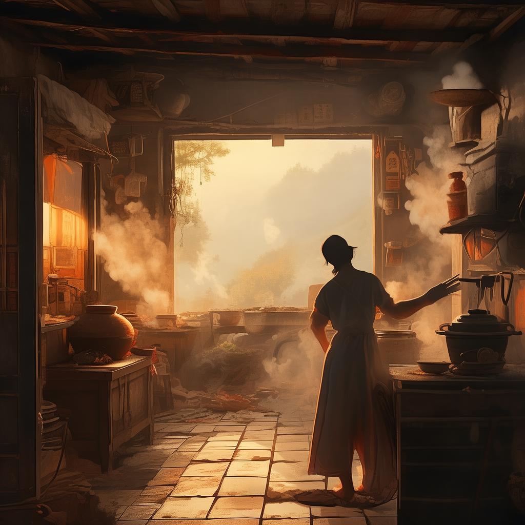 童年清晨母亲在灶间准备早餐的温馨画面