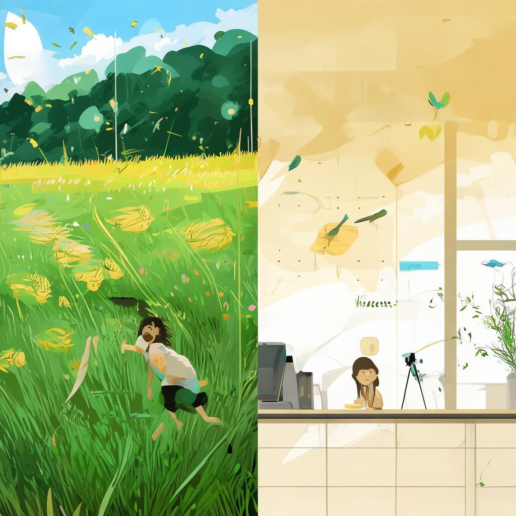 童年自由玩耍与成人责任约束的对比场景