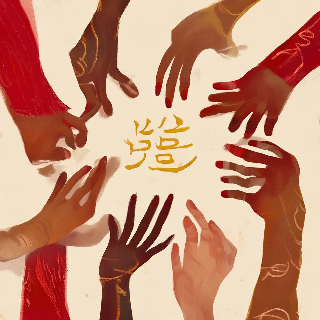 不同手共同书写同一汉字,象征文化统一